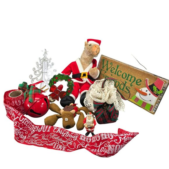 Christmas Decor Bundle Camel Reindeer Plush Ornaments Holiday Ribbon VL1803 - Picture 1 of 9